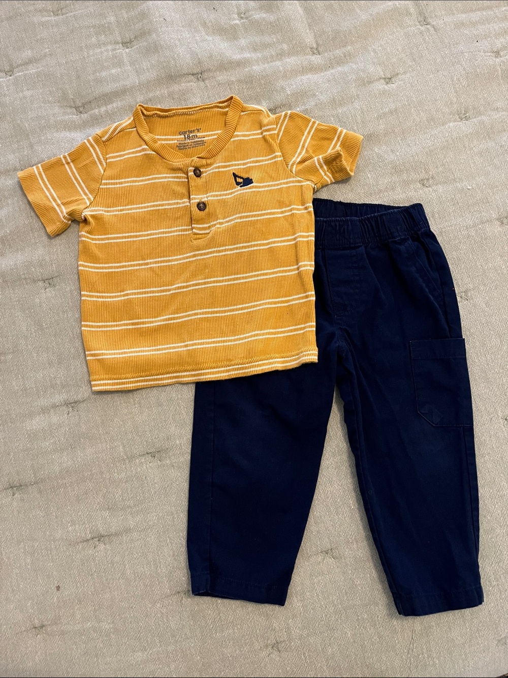 Carter's Yellow Striped Henley Top & Navy Pants Matching Set